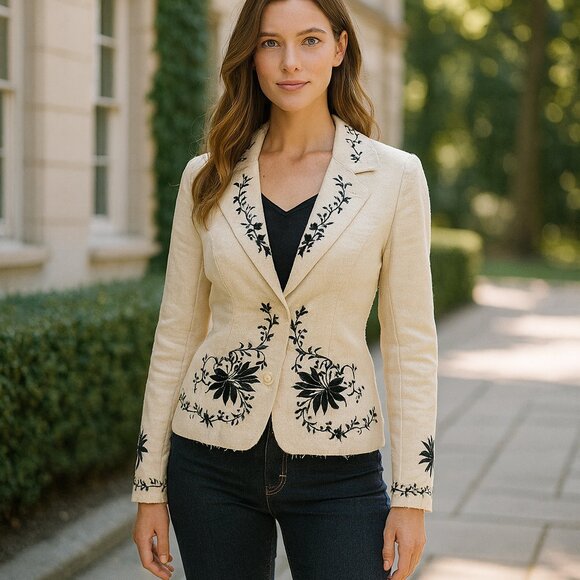 Artisan Embroidered Cotton Jacket | White & Black | Size 4 - Picture 1 of 6